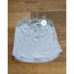 Storia Mint Sage Gray Eyelash Lace Trim Satin Cami Tank Top Sz S NWT